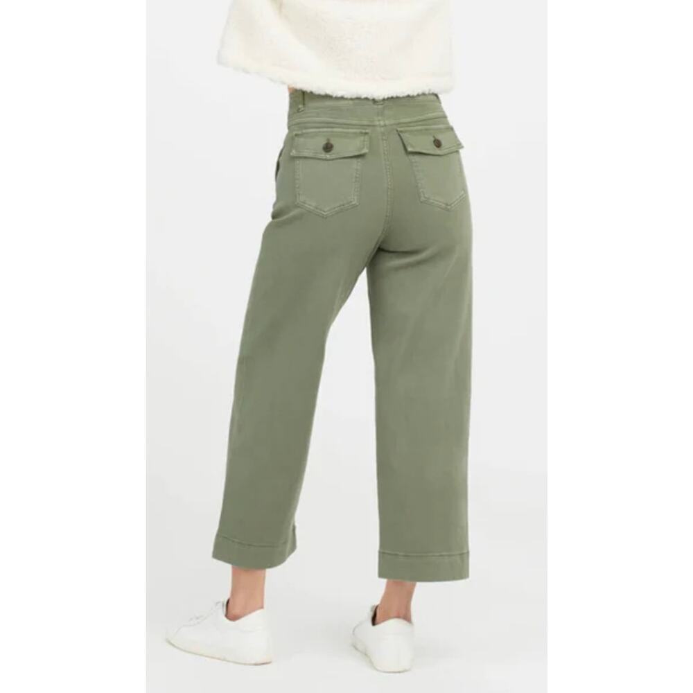 ​SPANX Twill Crop Wide Leg Pants Medium Olive Green High Waist Stretch women's. - Picture 2 of 10